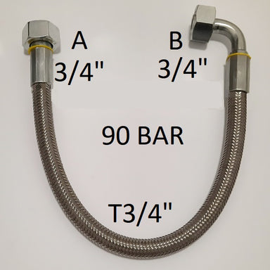Tubo in PTFE con treccia in Acciaio INOX 3/4" 90 bar tenuta cono 60°, raccordo A) fil. GAS 3/4" FEM. - raccordo B) fil. GAS 3/4" FEM. 90° - Tecnocam Store