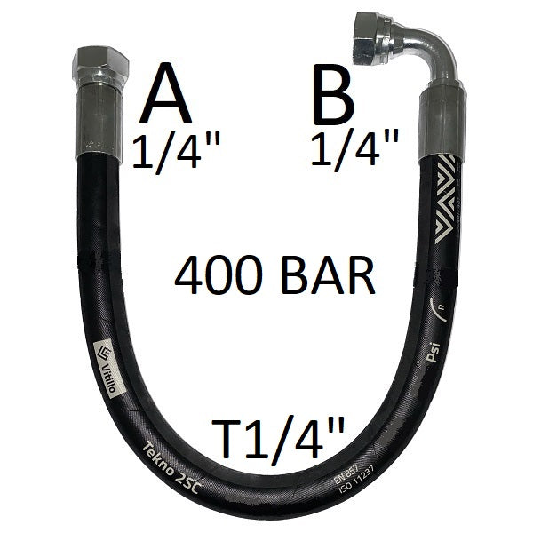 Tubo Oleodinamico Alta Pressione 1/4" 400 bar tenuta cono 60°, raccordo A) fil. GAS 1/4" FEM. - raccordo B) fil. GAS 1/4" FEM. 90°