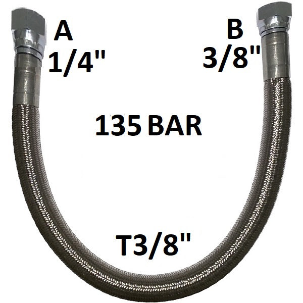 Tubo in PTFE con treccia in Acciaio INOX 3/8" 135 bar tenuta cono 60°, raccordo A) fil. GAS 1/4" FEM. - raccordo B) fil. GAS 3/8" FEM.