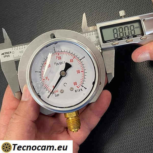 Manometer mit Glycerinskala 0–4 bar, mit Flansch und 1/4"-Außengewinde-Radialanschluss, Serie MANRFCG 
