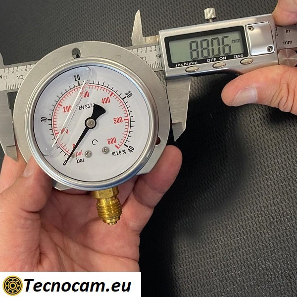 Manometer mit Glycerinskala 0–40 bar, mit Flansch und 1/4"-Außengewinde-Radialanschluss, Serie MANRFCG 