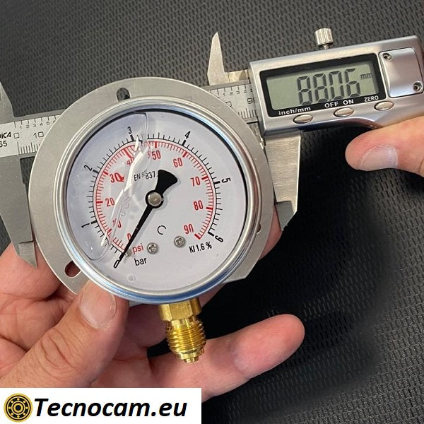 Manometer mit Glycerinskala 0–6 bar, mit Flansch und 1/4"-Außengewinde-Gasanschluss, Serie MANRFCG 