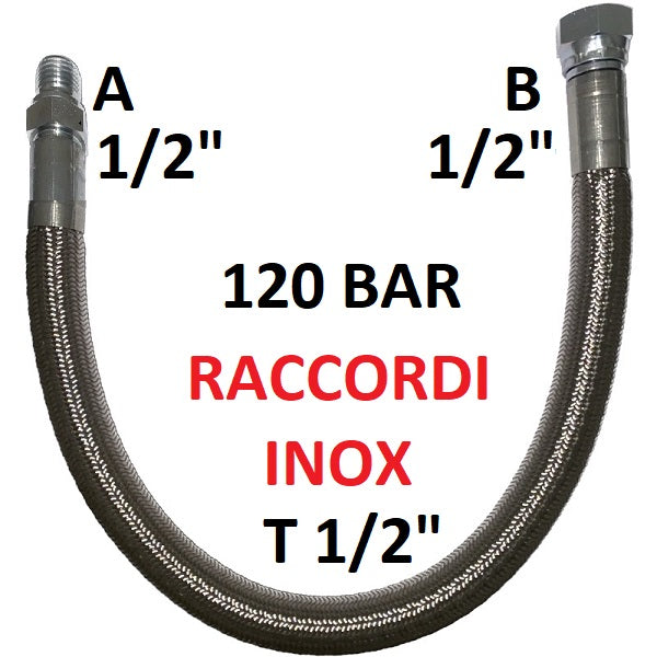 Tubo in PTFE con treccia in Acciaio INOX 1/2" 120 bar tenuta cono 60°, raccordo A) fil. GAS 1/2" MAS. - raccordo B) fil. GAS 1/2" FEM.