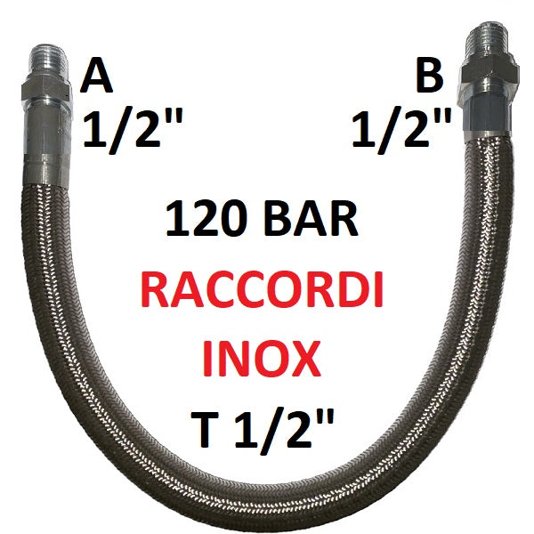 Tubo in PTFE con treccia in Acciaio INOX 1/2" 120 bar tenuta cono 60°, raccordo A) fil. GAS 1/2" MAS. - raccordo B) fil. GAS 1/2" MAS.