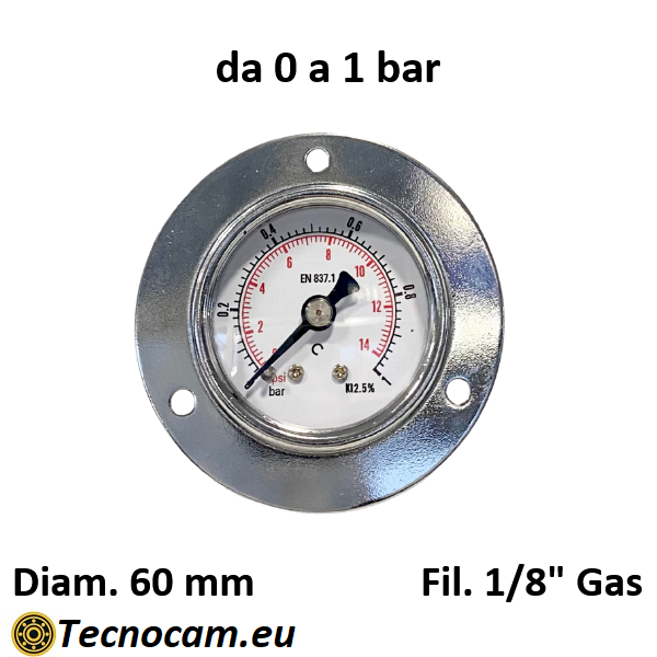 Manometro a SECCO Scala 0-1 Bar, con FLANGIA e Attacco Posteriore Maschio Gas 1/8" Serie MAN40PFSG