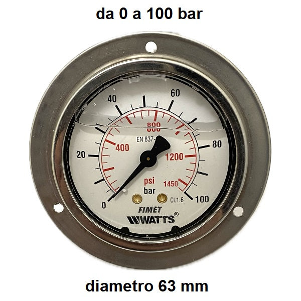 Manometro con GLICERINA Scala 0-100 Bar, con FLANGIA e Attacco Posteriore Maschio Gas 1/4" serie MANPFCG