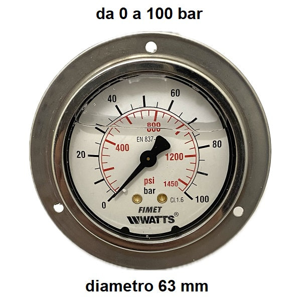 Manometro con GLICERINA Scala 0-100 Bar, con FLANGIA e Attacco Posteriore Maschio Gas 1/4" serie MANPFCG4