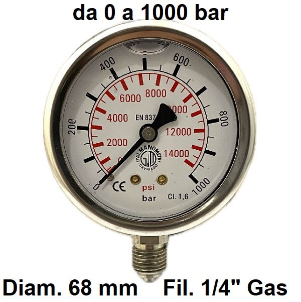 Manometro con GLICERINA Scala 0-1000 Bar, Attacco Radiale Maschio Gas 1/4" serie MANRCG