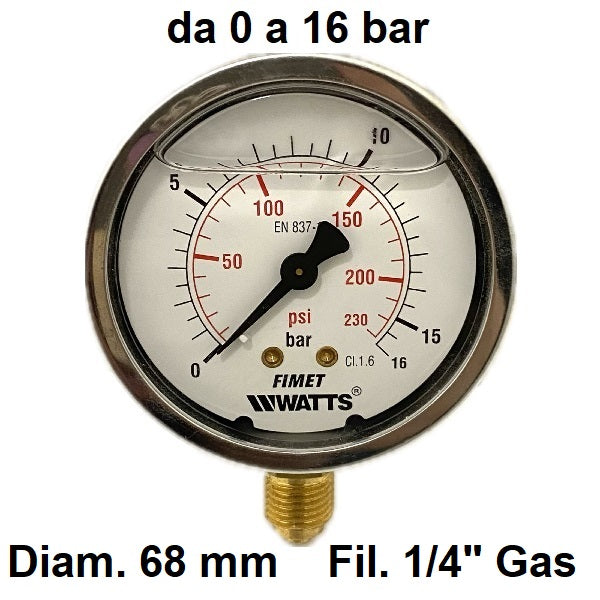 Manometro con GLICERINA Scala 0-16 Bar, Attacco Radiale Maschio Gas 1/4" serie MANRCG