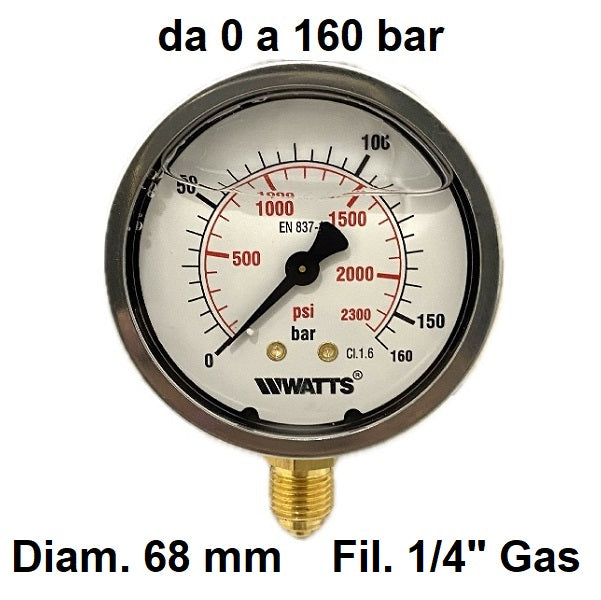 Manometro con GLICERINA Scala 0-160 Bar, Attacco Radiale Maschio Gas 1/4" serie MANRCG