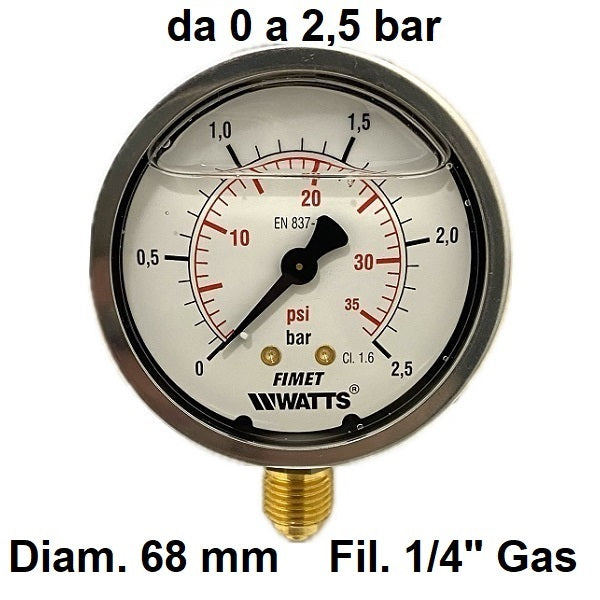 Manometro con GLICERINA Scala 0-2,5 Bar, Attacco Radiale Maschio Gas 1/4" serie MANRCG