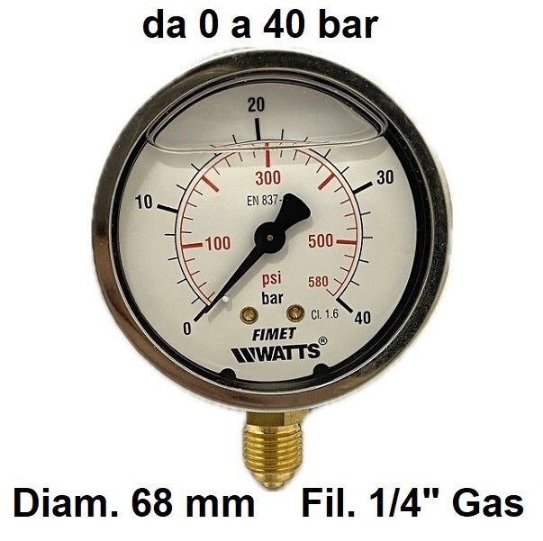 Manometro con GLICERINA Scala 0-40 Bar, Attacco Radiale Maschio Gas 1/4" serie MANRCG