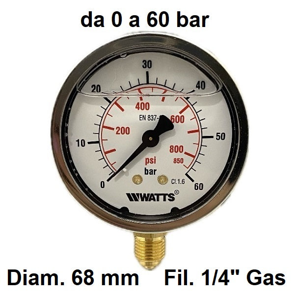 Manometro con GLICERINA Scala 0-60 Bar, Attacco Radiale Maschio Gas 1/4" serie MANRCG