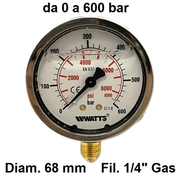 Manometro con GLICERINA Scala 0-600 Bar, Attacco Radiale Maschio Gas 1/4" serie MANRCG