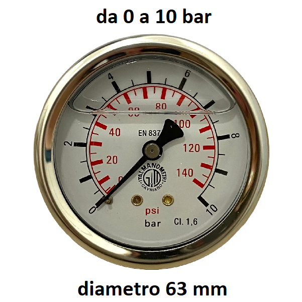 Manometro con GLICERINA Scala 0-10 Bar, Attacco Posteriore Maschio Gas 1/4" serie MANPCG1