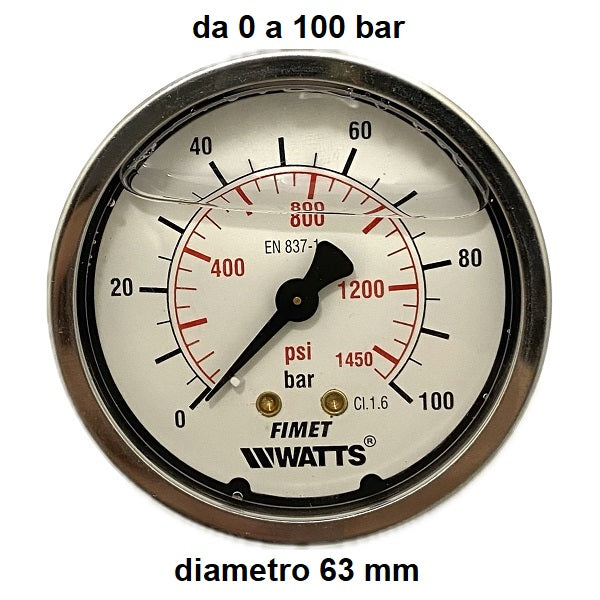 Manometro con GLICERINA Scala 0-100 Bar, Attacco Posteriore Maschio Gas 1/4" serie MANRCG