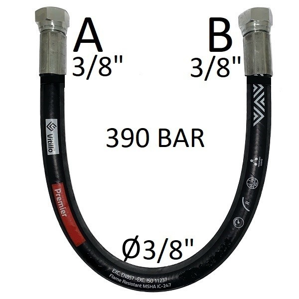 Tuyau hydraulique haute pression 3/8" 390 bar joint conique 60°, raccord A) Filetage GAS 3/8" FEM. - raccord B) Filetage GAS 3/8" FEM.