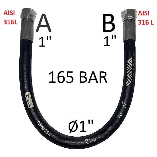 Hydraulikschlauch 1" 165 bar – nach Maß gefertigt, beidseitig mit DKR 1" BSP Innengewinde, 60° Dichtkegel, EDELSTAHL-Schlaucharmaturen (AISI 316L)