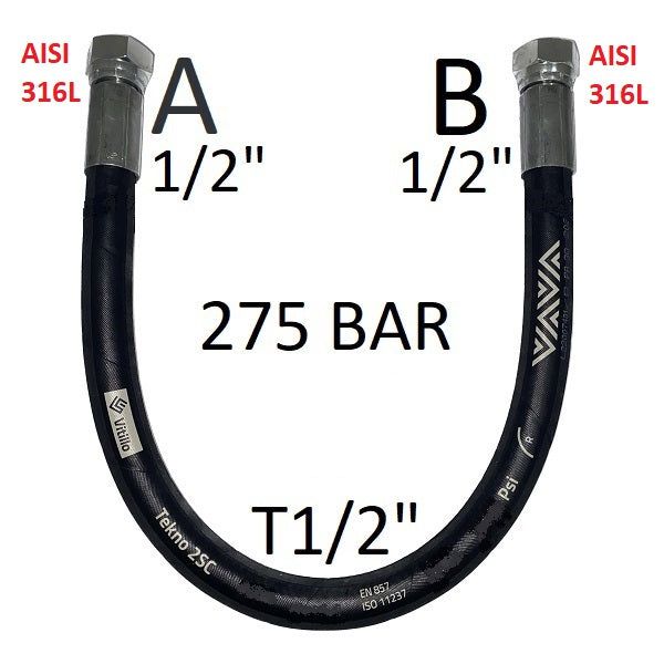 Hochdruck-Hydraulikschlauch 1/2" 275 bar 60°-Kegeldichtung, Anschluss A) Gasgewinde 1/2" Innengewinde, Edelstahl - Anschluss B) Gasgewinde 1/2" Innengewinde, Edelstahl