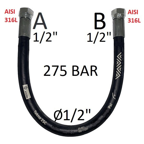 Tuyau hydraulique haute pression 1/2" 275 bar, joint conique 60°, raccord A) filetage gaz 1/2" femelle acier inoxydable - raccord B) filetage gaz 1/2" femelle acier inoxydable