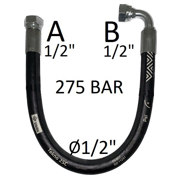 Tuyau hydraulique haute pression 1/2" 275 bar, joint conique 60°, raccord A) filetage GAS 1/2" FEM. - raccord B) filetage GAS 1/2" FEM. 90°