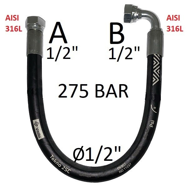 Tuyau hydraulique haute pression 1/2" 275 bar, joint conique à 60°, raccord A) filetage gaz 1/2" femelle en acier inoxydable - raccord B) filetage gaz 1/2" femelle à 90° en acier inoxydable
