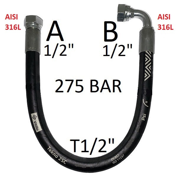 Hochdruck-Hydraulikschlauch 1/2" 275 bar 60°-Kegeldichtung, Anschluss A) Gasgewinde 1/2" Innengewinde, Edelstahl – Anschluss B) Gasgewinde 1/2" Innengewinde, 90°-Winkel, Edelstahl