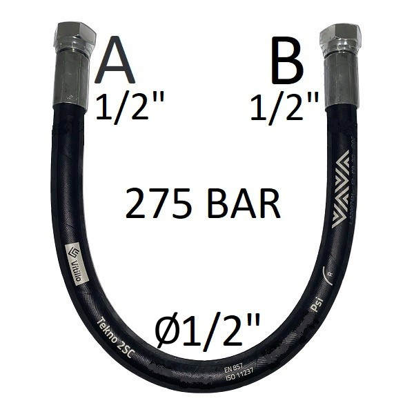 Tuyau hydraulique haute pression 1/2" 275 bar joint conique 60°, raccord A) Filetage GAS 1/2" FEM. - raccord B) Filetage GAS 1/2" FEM. 