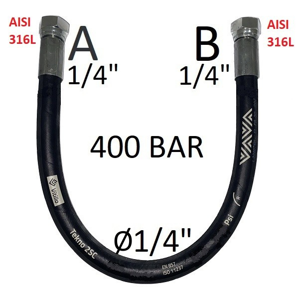 Tuyau hydraulique haute pression 1/4" 400 bar, joint conique 60°, raccord A) filetage gaz 1/4" femelle acier inoxydable - raccord B) filetage gaz 1/4" femelle acier inoxydable
