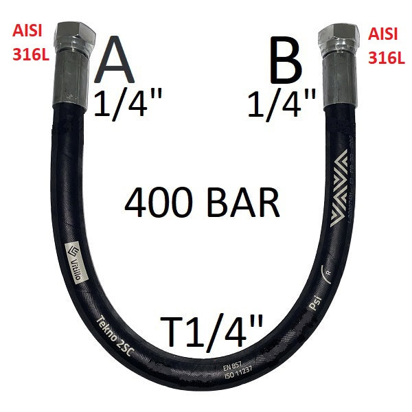 Hochdruck-Hydraulikschlauch 1/4" 400 bar 60°-Kegeldichtung, Anschluss A) Gasgewinde 1/4" Innengewinde, Edelstahl - Anschluss B) Gasgewinde 1/4" Innengewinde, Edelstahl