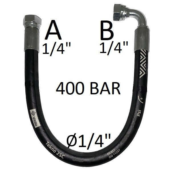 Tuyau hydraulique haute pression 1/4" 400 bar, joint conique 60°, raccord A) filetage GAS 1/4" FEM. - raccord B) filetage GAS 1/4" FEM. 90°