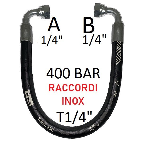 Tubo Oleodinamico Alta Pressione 1/4" 400 bar tenuta cono 60°, raccordo A) fil. GAS 1/4" FEM. 90° INOX - raccordo B) fil. GAS 1/4" FEM. 90° INOX