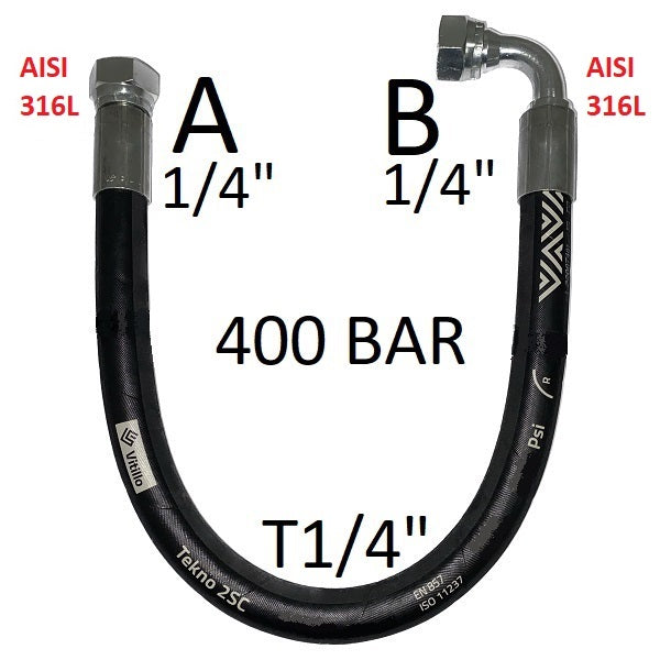 Hochdruck-Hydraulikschlauch 1/4" 400 bar 60°-Kegeldichtung, Anschluss A) Gasgewinde 1/4" Innengewinde, Edelstahl – Anschluss B) Gasgewinde 1/4" Innengewinde, 90°, Edelstahl