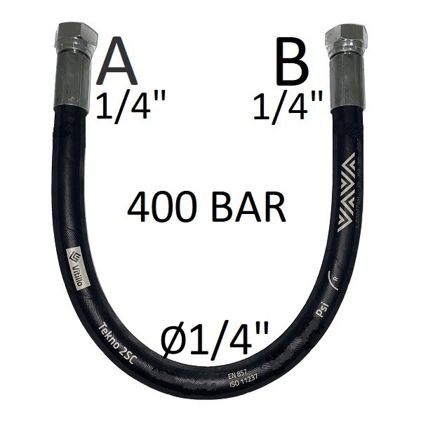 Tuyau hydraulique haute pression 1/4" 400 bar joint conique 60°, raccord A) Filetage GAS 1/4" FEM. - raccord B) Filetage GAS 1/4" FEM.