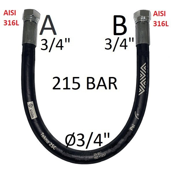 Hydraulikschlauch 3/4" 215 bar – nach Maß gefertigt, beidseitig mit DKR 3/4" BSP Innengewinde, 60° Dichtkegel, EDELSTAHL-Schlaucharmaturen (AISI 316L)