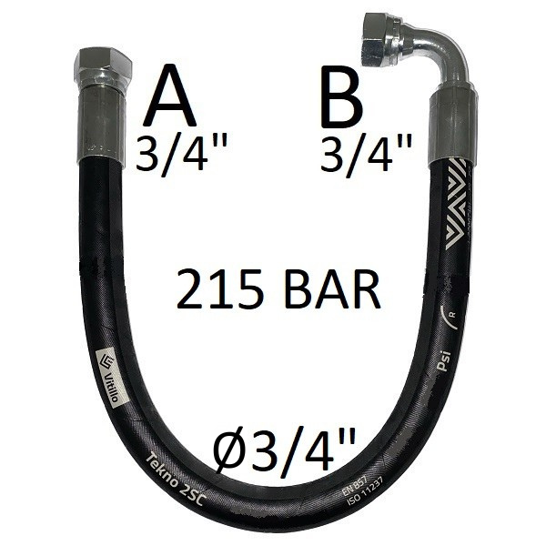 Hydraulikschlauch 3/4" 215 bar – nach Maß gefertigt, 1x gerade / 1x 90°, DKR 3/4" BSP Innengewinde, 60° Dichtkegel