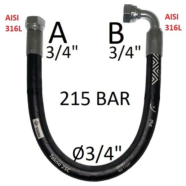 Hydraulikschlauch 3/4" 215 bar – nach Maß gefertigt, 1x gerade / 1x 90°, DKR 3/4" BSP Innengewinde, 60° Dichtkegel, EDELSTAHL-Schlaucharmaturen (AISI 316L)