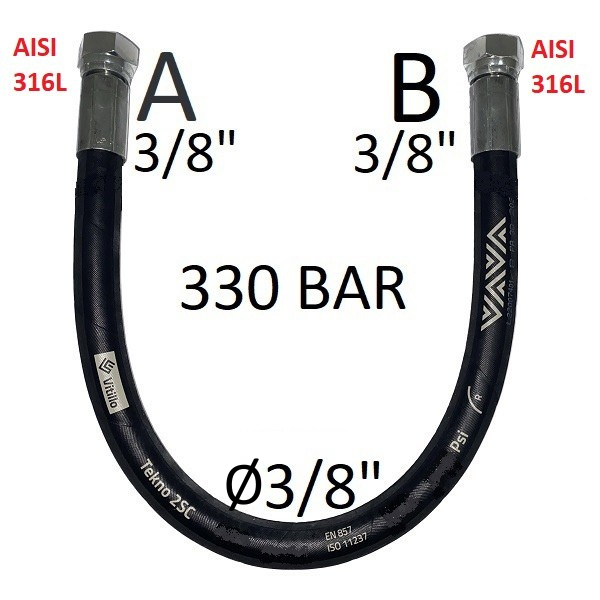 Tuyau hydraulique haute pression 3/8" 330 bar, joint conique 60°, raccord A) filetage gaz 3/8" femelle acier inoxydable - raccord B) filetage gaz 3/8" femelle acier inoxydable