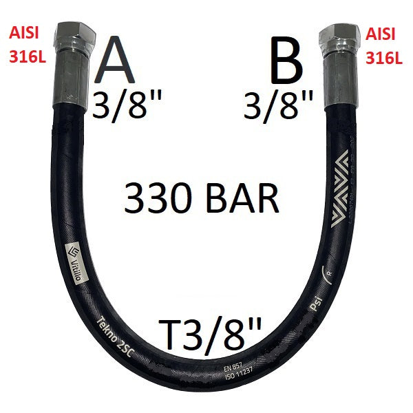 Hochdruck-Hydraulikschlauch 3/8" 330 bar 60°-Kegeldichtung, Anschluss A) Gasgewinde 3/8" Innengewinde, Edelstahl - Anschluss B) Gasgewinde 3/8" Innengewinde, Edelstahl