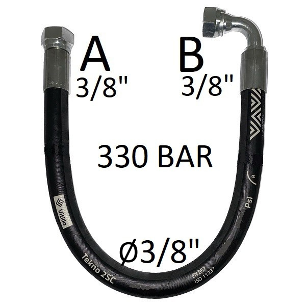 Tuyau hydraulique haute pression 3/8" 330 bar, joint conique 60°, raccord A) filetage GAS 3/8" FEM. - raccord B) filetage GAS 3/8" FEM. 90°