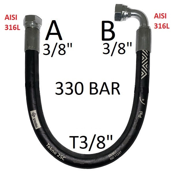 Hochdruck-Hydraulikschlauch 3/8" 330 bar 60°-Kegeldichtung, Anschluss A) Gasgewinde 3/8" Innengewinde, Edelstahl – Anschluss B) Gasgewinde 3/8" Innengewinde, 90°, Edelstahl