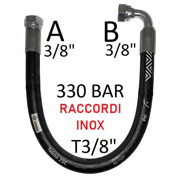 Tubo Oleodinamico Alta Pressione 3/8"  330 bar tenuta cono 60°, raccordo A) fil. GAS 3/8" FEM. INOX - raccordo B) fil. GAS 3/8" FEM. 90° INOX