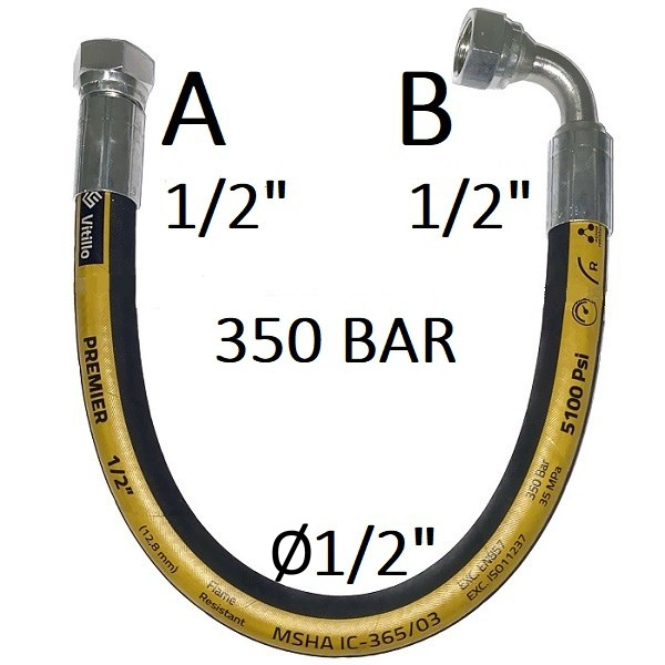 Tuyau hydraulique haute pression 1/2" 350 bar, joint conique 60°, raccord A) filetage GAS 1/2" FEM. - raccord B) filetage GAS 1/2" FEM. 90°