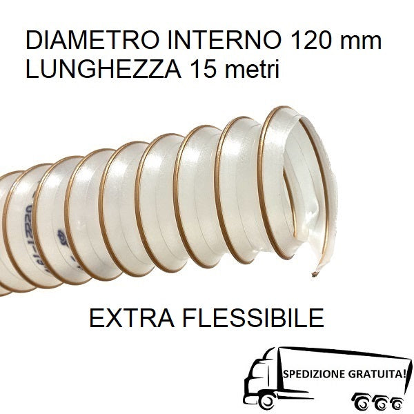 Tubo Extra Flessibile per Aspirazione Aria e Polveri, Trucioli, Segatura o Materiale Abrasivo con Spirale in Acciaio Ramato Ø int. 120 mm