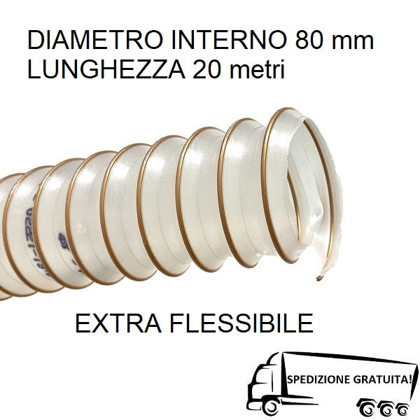 Tubo Extra Flessibile per Aspirazione Aria e Polveri, Trucioli, Segatura o Materiale Abrasivo con Spirale in Acciaio Ramato Ø int. 80 mm