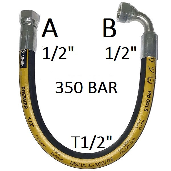 Tubo Oleodinamico Alta Pressione 1/2" 350 bar tenuta cono 60°, raccordo A) fil. GAS 1/2" FEM. - raccordo B) fil. GAS 1/2" FEM. 90°