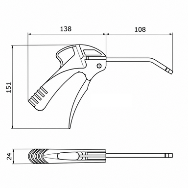 Dessin technique de la soufflette à buse coudée : corps 138 × 151 mm, tube 108 mm, largeur 24 mm
