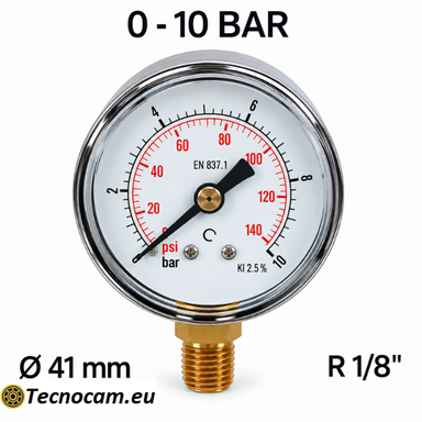 Manometro a secco 0–10 bar con cassa metallica Ø 41 mm e attacco radiale maschio R 1/8 BSPT