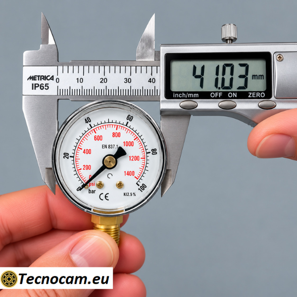 Misurazione con calibro della cassa Ø 41 mm del manometro a secco 0–100 bar con attacco radiale R 1/8 BSPT