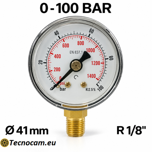 Manometro a secco 0–100 bar con cassa metallica Ø 41 mm e attacco radiale maschio R 1/8 BSPT